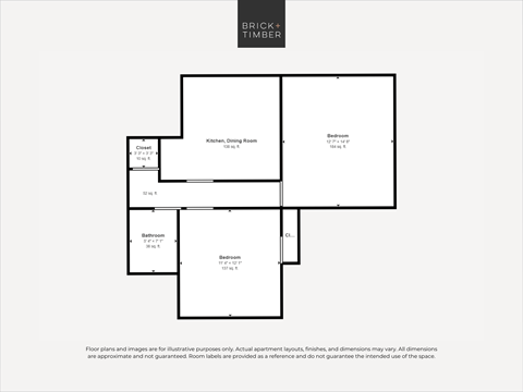 Floor plan for 2 beds, 1 bath, 585 sqft